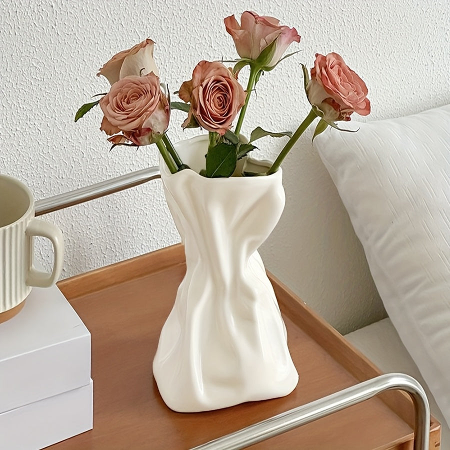 1pc White Modern Irregular Vase - Bohemian Style Art Decor, Elegant Floral Container for Home, Wedding, Office, or Party Decoration, Rectangular Design, Geometric Pattern, Plastic Material, No Battery Required, Vases Home Dec