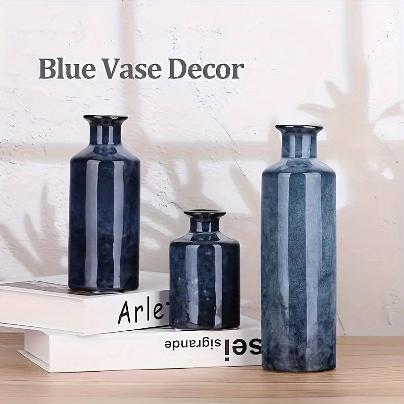 3pcs/set Glazed Rustic Blue Vase Modern Ceramic Vase, Used For Home Decoration, Suitable For Fireplace, Table, Kitchen, Living Room Decoration