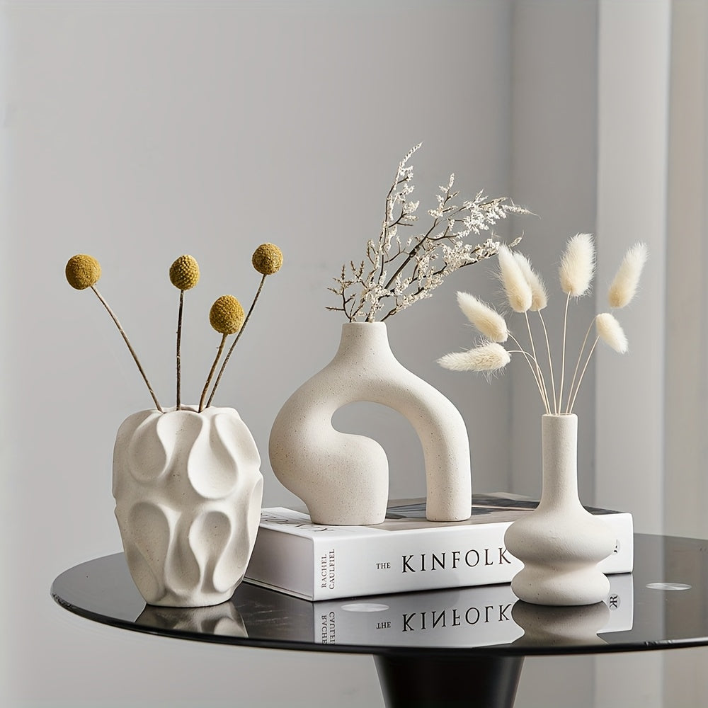 3pcs Boho Ceramic Vase Set - Modern Nordic Minimalist Round & Donut Shaped, Geometric Pattern, Ideal for Trendy Home Decor, Living Room, Entryway, Coffee Table - No Battery Required, Decorative Gift