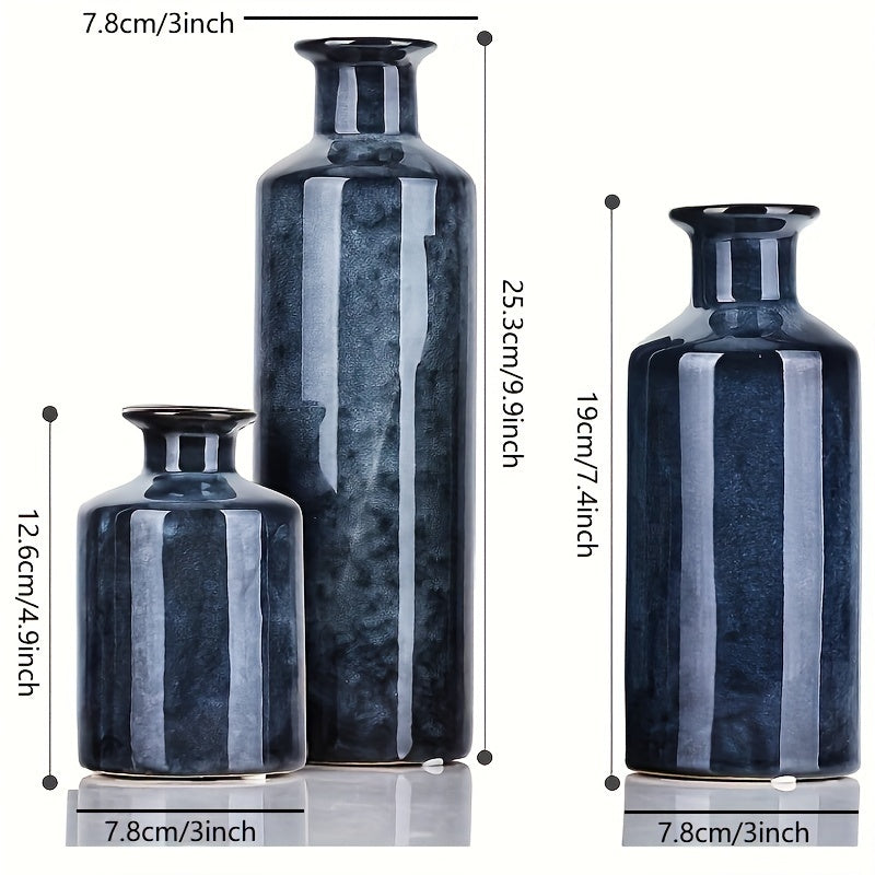 3pcs/set Glazed Rustic Blue Vase Modern Ceramic Vase, Used For Home Decoration, Suitable For Fireplace, Table, Kitchen, Living Room Decoration