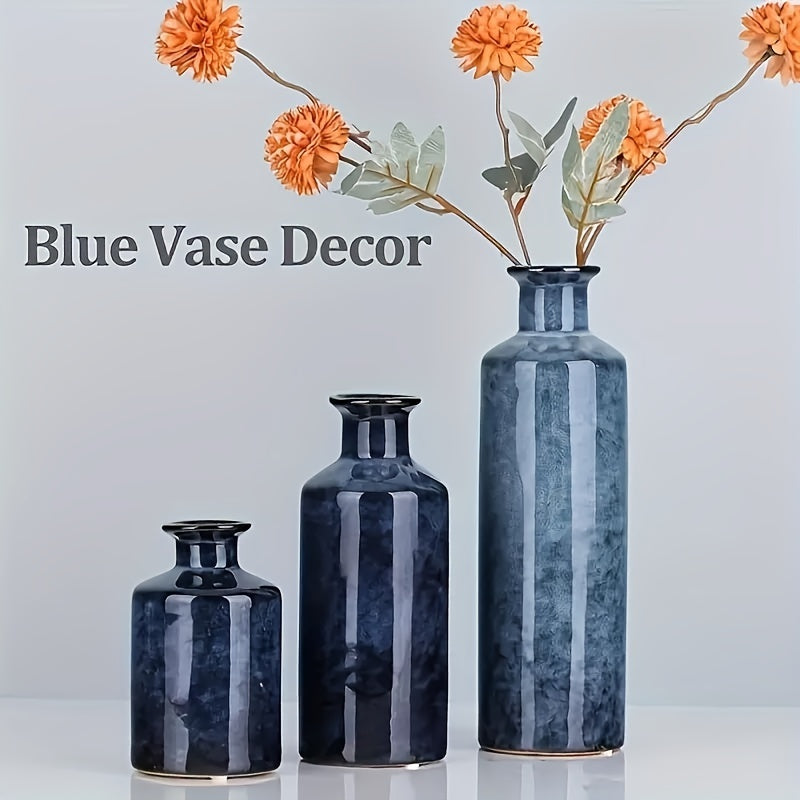 3pcs/set Glazed Rustic Blue Vase Modern Ceramic Vase, Used For Home Decoration, Suitable For Fireplace, Table, Kitchen, Living Room Decoration