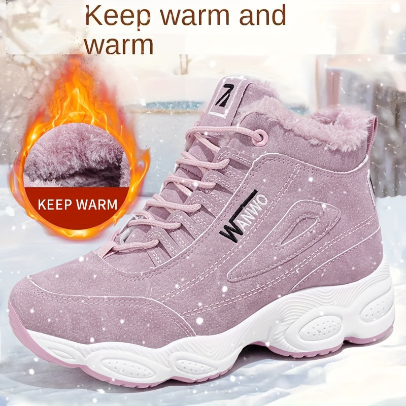 Women'S 2025 Fleece-Lined Chunky Mid-Heel Ankle Boots - Breathable PU Cover, Lace-Up Round Toe, White & Pink Accents for Winter Comfort & Style, Winter Footwear | Trendy Chunky Heel | Durable Rubber Sole