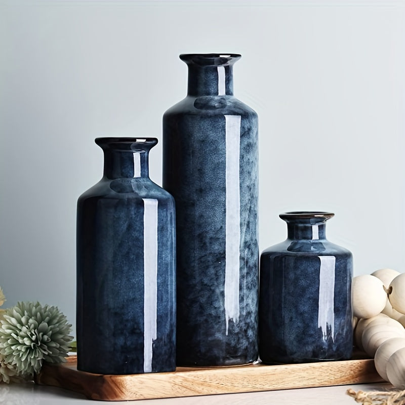 3pcs/set Glazed Rustic Blue Vase Modern Ceramic Vase, Used For Home Decoration, Suitable For Fireplace, Table, Kitchen, Living Room Decoration