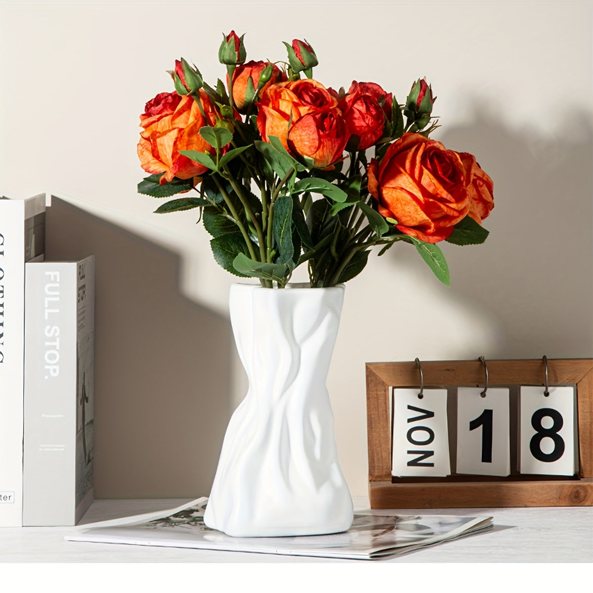 1pc White Modern Irregular Vase - Bohemian Style Art Decor, Elegant Floral Container for Home, Wedding, Office, or Party Decoration, Rectangular Design, Geometric Pattern, Plastic Material, No Battery Required, Vases Home Dec