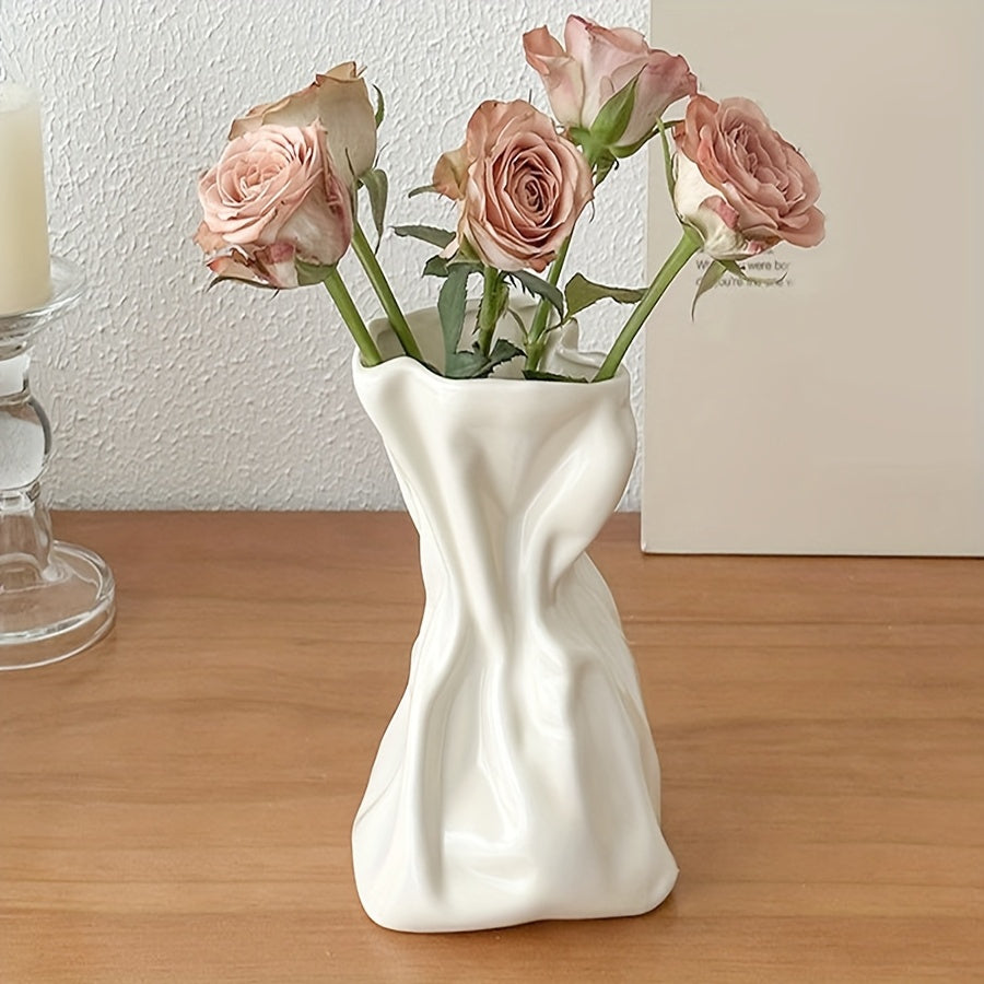 1pc White Modern Irregular Vase - Bohemian Style Art Decor, Elegant Floral Container for Home, Wedding, Office, or Party Decoration, Rectangular Design, Geometric Pattern, Plastic Material, No Battery Required, Vases Home Dec