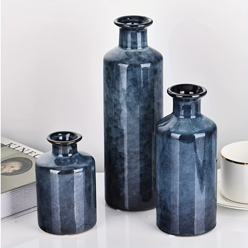 3pcs/set Glazed Rustic Blue Vase Modern Ceramic Vase, Used For Home Decoration, Suitable For Fireplace, Table, Kitchen, Living Room Decoration