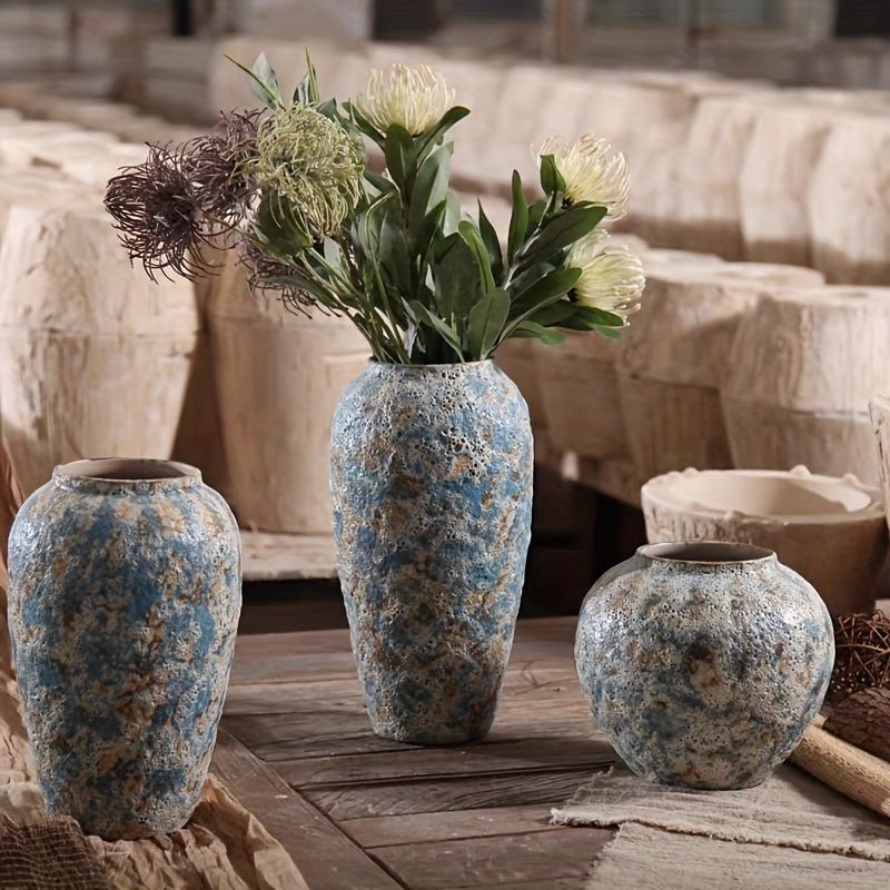 1pc Retro Ceramic Vase, Two-color Bohemian Flower Vase, Dining Table Center Decoration Blue Pottery Vase, Decoration Vase Living Room Shelf Fireplace Decor