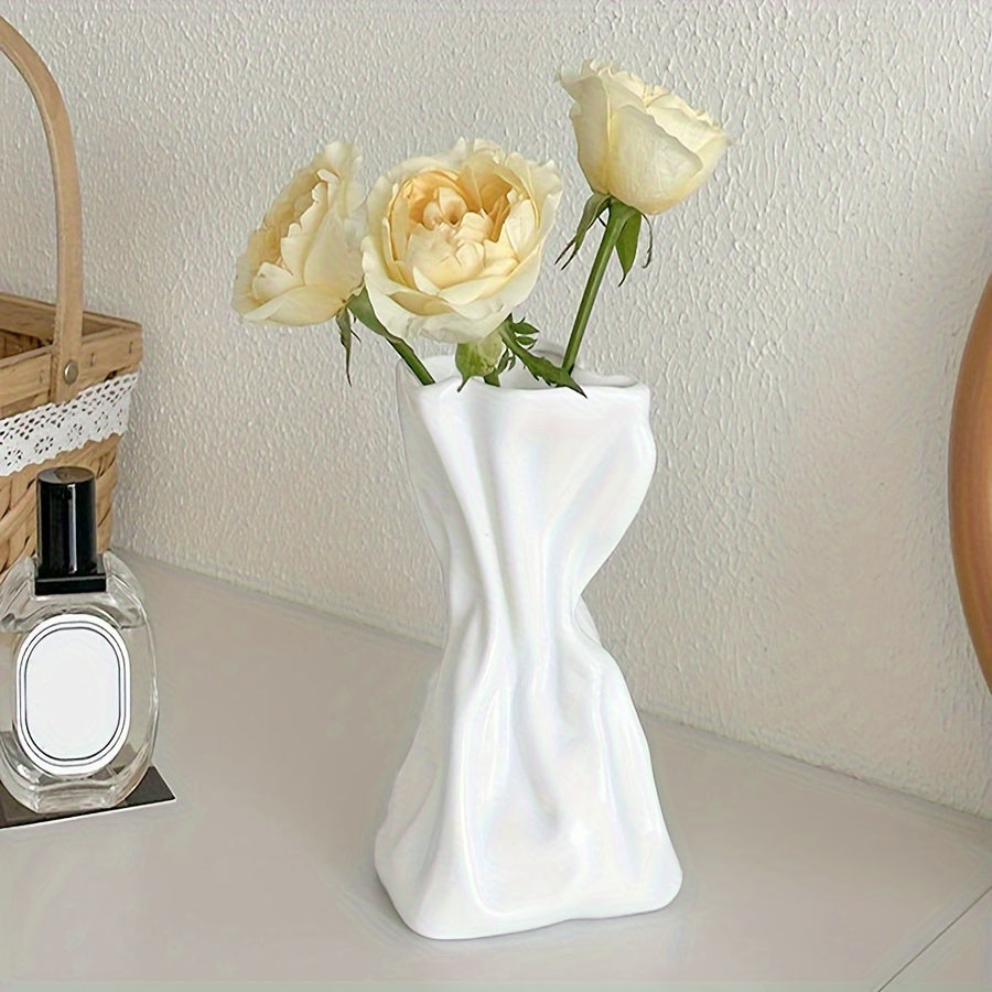 1pc White Modern Irregular Vase - Bohemian Style Art Decor, Elegant Floral Container for Home, Wedding, Office, or Party Decoration, Rectangular Design, Geometric Pattern, Plastic Material, No Battery Required, Vases Home Dec
