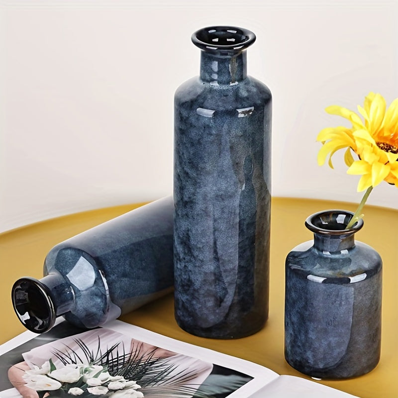 3pcs/set Glazed Rustic Blue Vase Modern Ceramic Vase, Used For Home Decoration, Suitable For Fireplace, Table, Kitchen, Living Room Decoration
