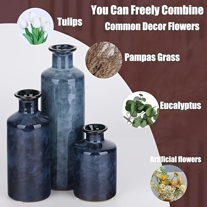 3pcs/set Glazed Rustic Blue Vase Modern Ceramic Vase, Used For Home Decoration, Suitable For Fireplace, Table, Kitchen, Living Room Decoration