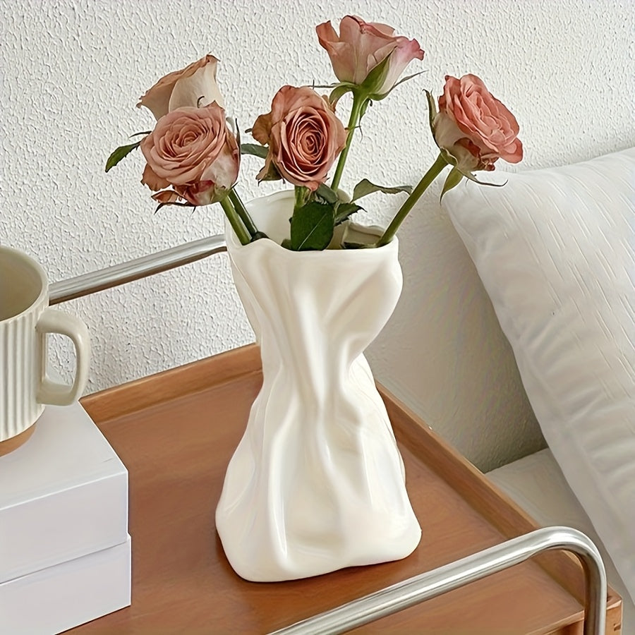 1pc White Modern Irregular Vase - Bohemian Style Art Decor, Elegant Floral Container for Home, Wedding, Office, or Party Decoration, Rectangular Design, Geometric Pattern, Plastic Material, No Battery Required, Vases Home Dec