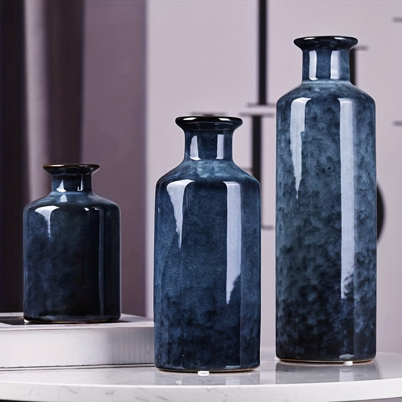 3pcs/set Glazed Rustic Blue Vase Modern Ceramic Vase, Used For Home Decoration, Suitable For Fireplace, Table, Kitchen, Living Room Decoration