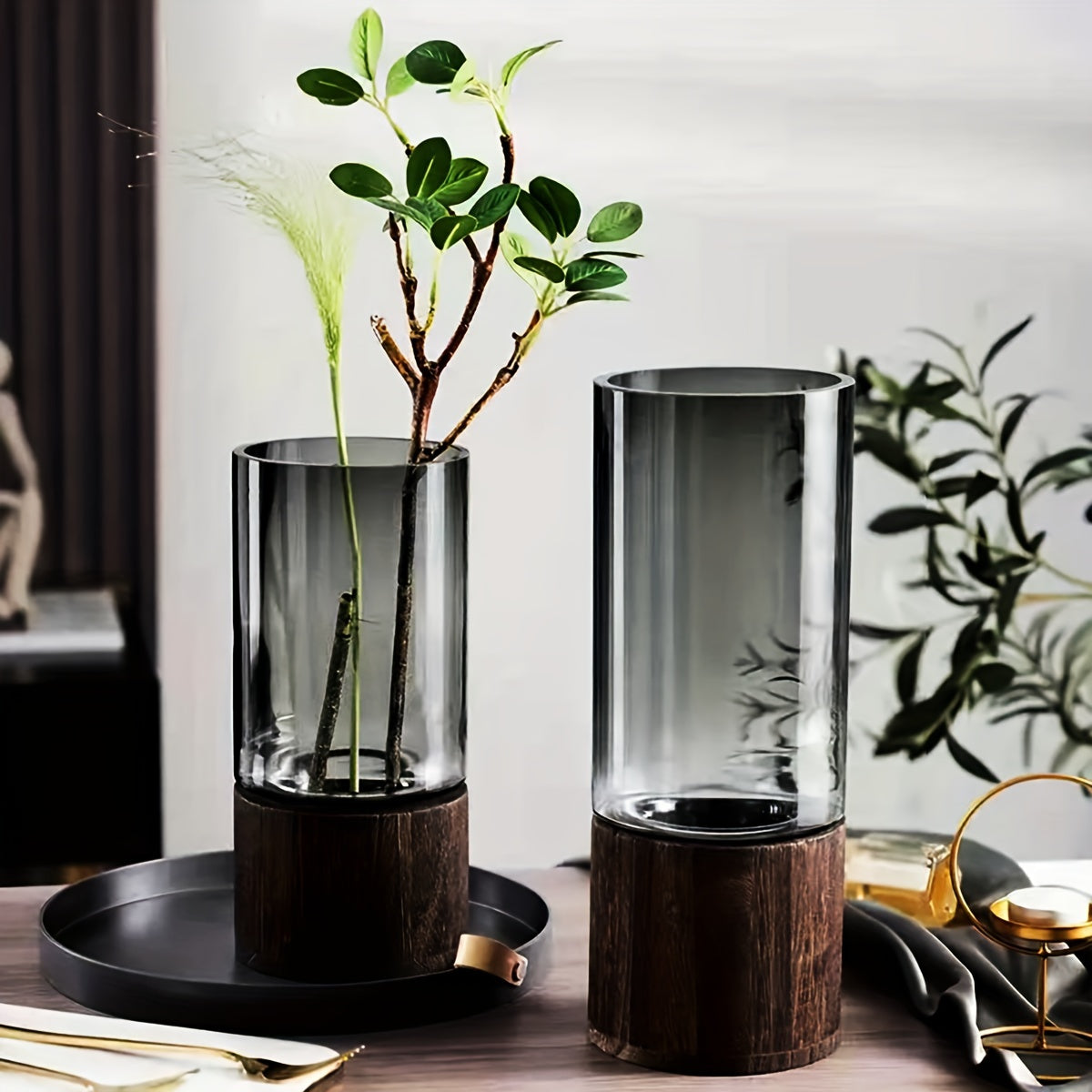 1pc Bohemian Geometric Acrylic Vase with Wooden Base - Modern Round Home Decor for Living Room, Dining Table, Perfect Holiday Gift for Friends & Family, Vases Home Decor