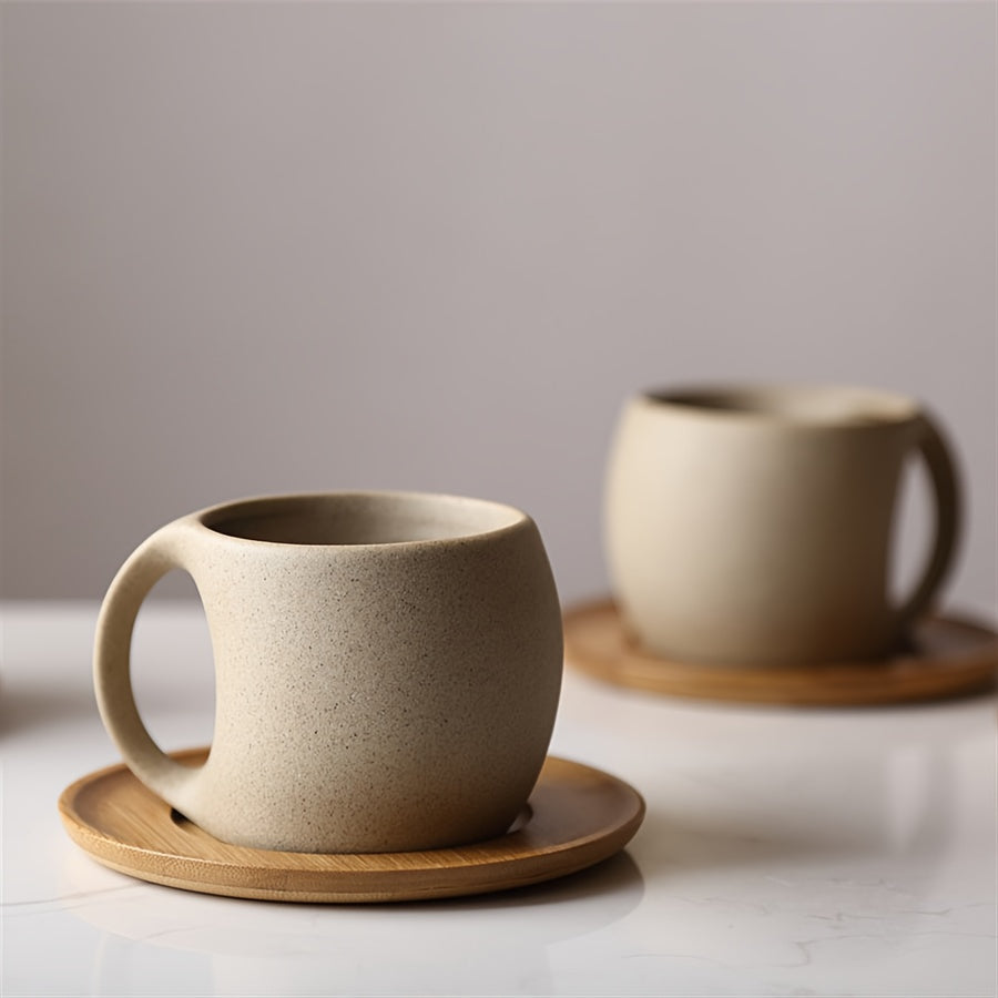 1pc Black Ceramic Coffee Mug with Wooden Saucer - 7oz/12.3oz, Microwave & Dishwasher Safe, Reusable & Recyclable, Perfect for Tea, Coffee, or Hot Beverages
