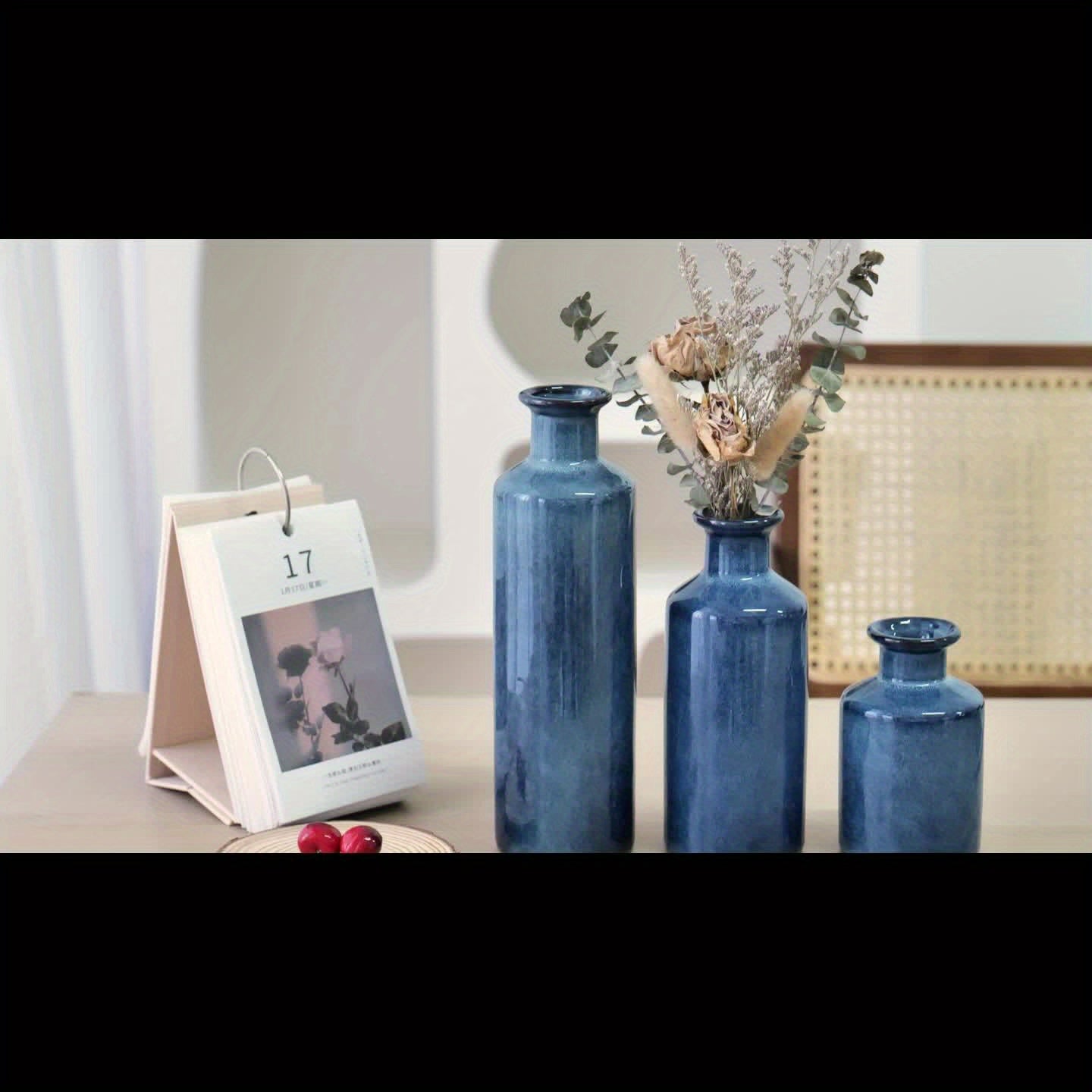 3pcs/set Glazed Rustic Blue Vase Modern Ceramic Vase, Used For Home Decoration, Suitable For Fireplace, Table, Kitchen, Living Room Decoration