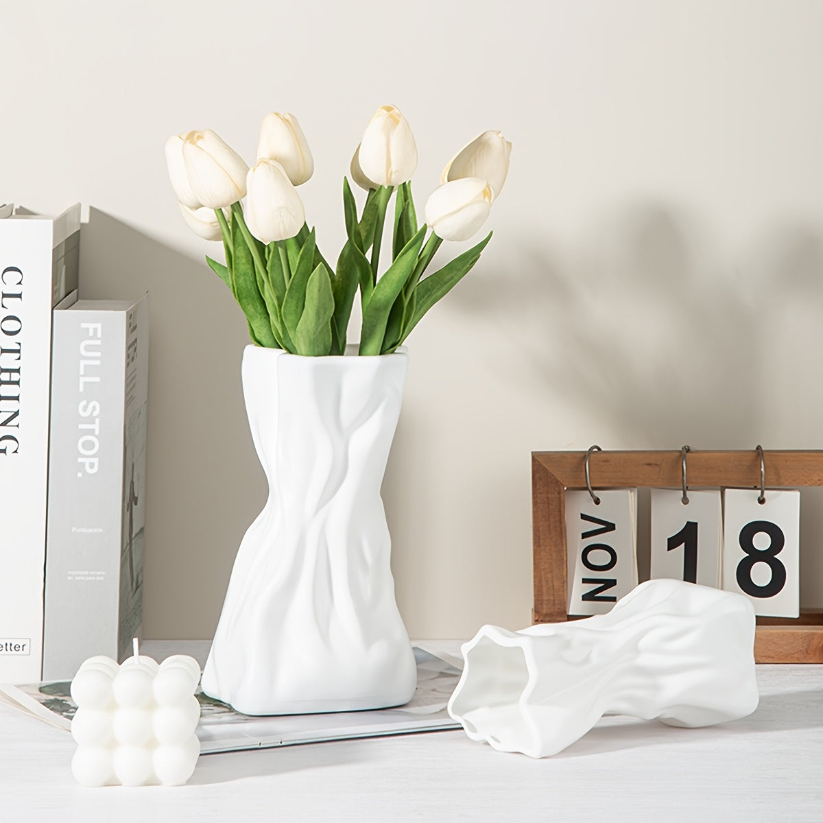 1pc White Modern Irregular Vase - Bohemian Style Art Decor, Elegant Floral Container for Home, Wedding, Office, or Party Decoration, Rectangular Design, Geometric Pattern, Plastic Material, No Battery Required, Vases Home Dec
