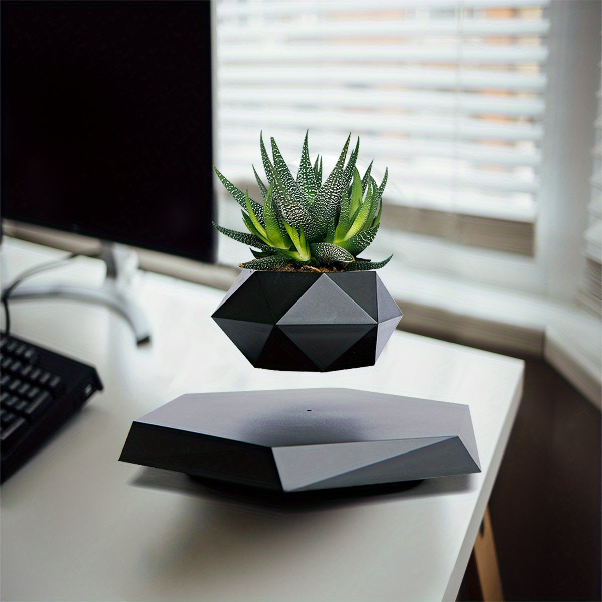 1pc, Magnetic Levitating Mini Rotating Flower Pot, New Magic Black Floating Plant Pot, Creative Pots For Office Desktop Balcony Home Garden Indoor Statue Decorations Ornaments